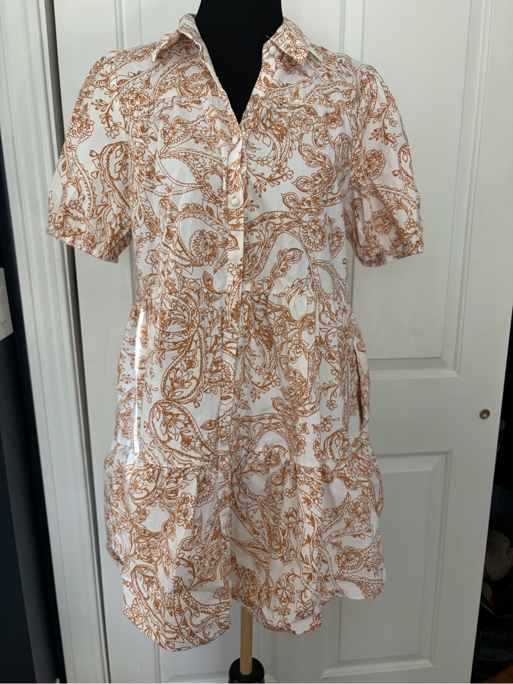 Button-Front Mini Dress in White and Brown Paisley